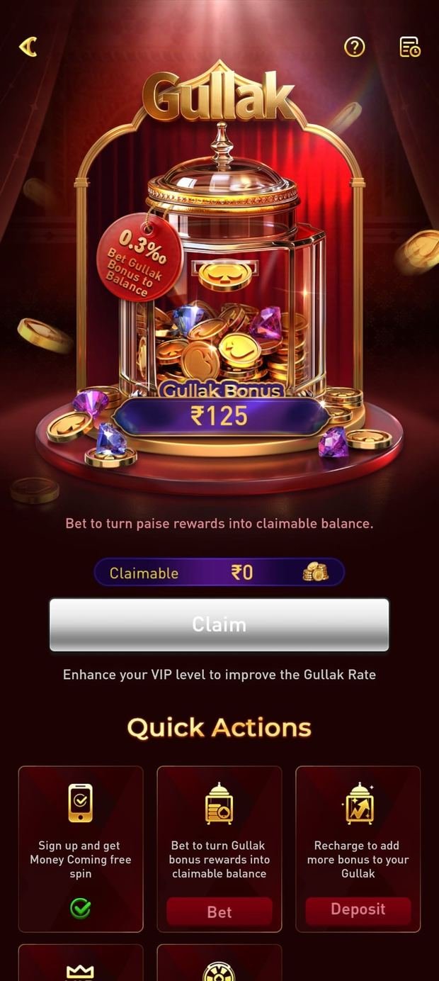 Gullak bonus vault in the P77 latest app showing claimable balance and quick actions for betting, recharging and free spins